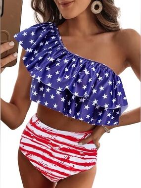 NWT VIMPUNEC AmericanFlag Ruffle One Shoulder HighWaisted 2Pc Swimsuit Womens S